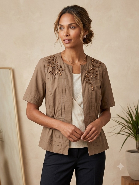 Coldwater Creek Jackets & Blazers - Coldwater Creek Taupe Short-Sleeve Embellished Jacket